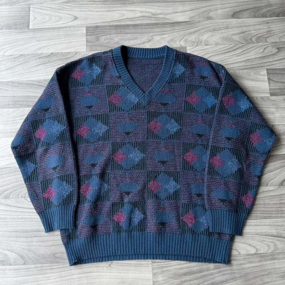 Vintage Y2K Multicolored Geometric V-Neck Sweater
